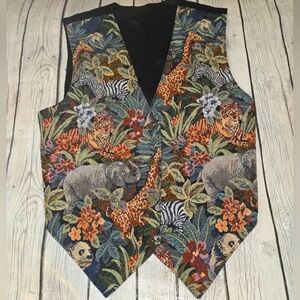 Axessorium Tapestry Vest Vintage Green Animals Safari Jungle Women’s Size L